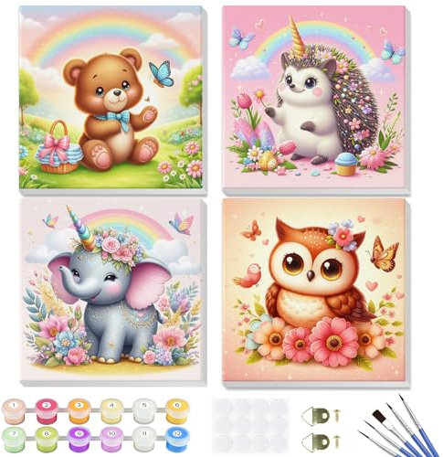 GHHKUD 4 Pack Peinture à Numéros Enfants Adultes Débutants Animaux, DIY Peinture Acrylique pour Adultes Enfants débutants Facile sur Toile avec peintures et pinceaux, Kits de Loisirs Créatifs 20×20cm