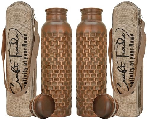 Craft Trade Rame Bere Bottiglia D'acqua Puro Antico Bottiglia di Rame con Coperchio E Borsa per il Trasporto 34 once/1000 ml A Prova di Perdite Ayurveda Bottiglia per Ufficio e yoga- Confezione da 2