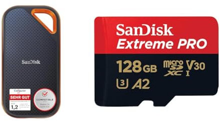 SanDisk Extreme PRO Portable SSD Externe SSD 1 TB & Extreme PRO microSDXC UHS-I Speicherkarte 128 GB + Adapter & RescuePRO Deluxe