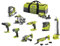 Ryobi - Confezione di 9 strumenti 18 V ONE+: Trapano, Avvitatore a urti, Smerigliatrice, Multi-Tools, Pistola a colla, Sega circolare, Sega alternativa, Lampa, Levigatrice + 2 Batterie e