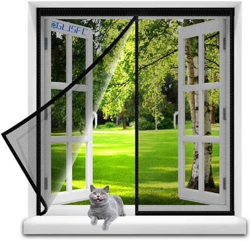 Magnet Fliegengitter Fenster 155x115cm katzennetz, Vorhang Fliegenvorhang Moskitonetz für Balkontür Wohnzimmer Terrassentür Automatisches Schließen, Klebemontage ohne Bohren Schwarz