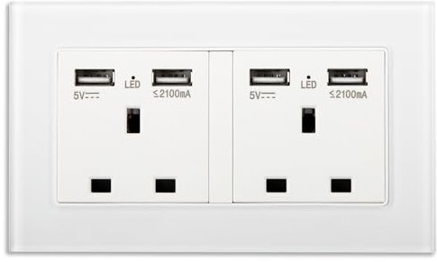 LVE White Double Socket Outlet with 4 USB Ports & Glass Panel, 250V 13 Amps Wather-proof UK Wall Plug with LED Indicator for Home/Office