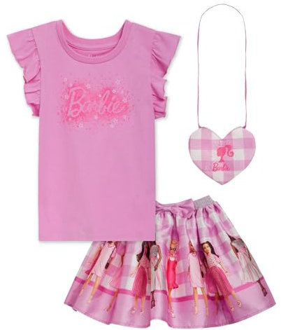 Barbie Ensemble 3 pièces avec débardeur pour fille, jupe en satin et sac à bandoulière, tailles 2T à 16 ans, rose, 6
