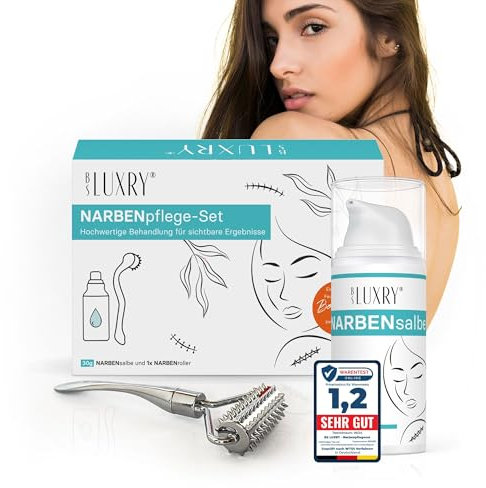 BS Luxry® Narbenpflege-Set – 30 g Narbensalbe & kühlbarer Narbenroller – 3-fach Pflegewirkung zur intensiven Narbenpflege & Hautglättung – Für Narben, Dehnungsstreifen & empfindliche Haut