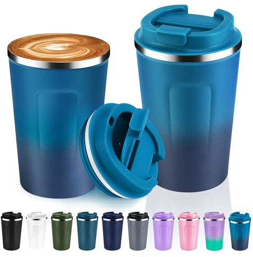 Volhoply 340ml 12oz Double Wall Insulated Vacuum Travel Coffee Mugs with Flip Lid Bulk 2 Pack,Reusable Stainless Steel Leak Proof Coffee Cup,Thermal Tumbler for Cold & Hot Drinks(Dark Night,2 Set)