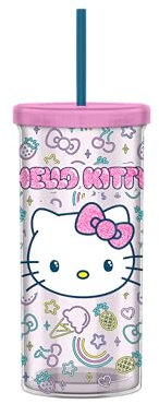 Silver Buffalo Sanrio Hello Kitty Neon Fruit Pattern Plastic Cold Cup with Lid and Straw, 20 Ounces