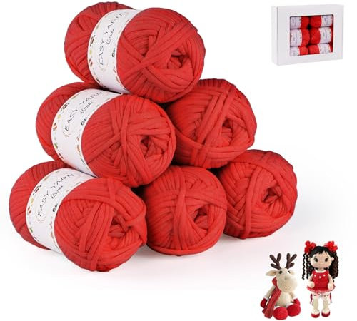 ilauke 6 Stück Chunky Häkelgarn für Anfänger, 6x50g Dickes Garn Baumwolle zum Häkeln, Gut Sichtbare Maschen Baumwoll-Nylon-Garn zum Stricken, Rot