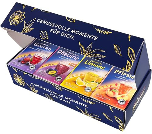 Meßmer Tee Geschenkbox Around the World | 4 Sorten Früchtetee à 20 Beutel | Italienische Limone, Französische Pflaume, Nordische Beere, Toskanischer Pfirsich