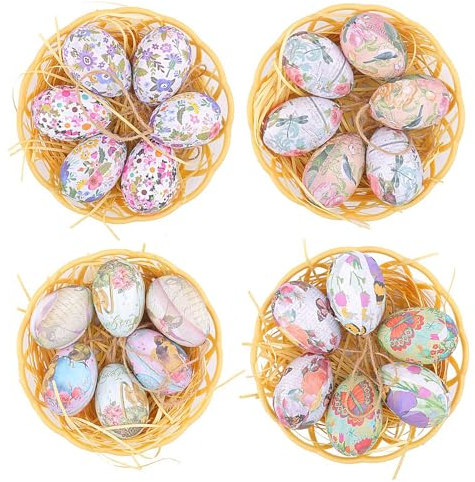 Marooma 24 Pcs Vintage Style Paper Maches Foam Eggs Hanging Ornaments with 4 Baskets, Colorful Easter Eggs Decorative Easter Eggs for Craft Basket Bowl Table Spring Party