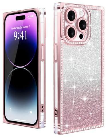 Urarssa for iPhone 14 Pro Max Case Glitter, Rectangle Edge Design, Pink | Cute Bling Sparkly Case with Luxury Diamonds for Women Gilrs, Transparent Soft TPU Slim Shockproof Cover