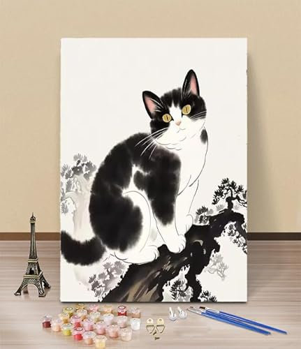 HOLXSW Peinture par Numéros pour Adulte Branche chat noir et blanc 080 DIY Peinture Acrylique pour Adultes débutants Facile sur Toile 40×50 cm avec peintures et pinceaux