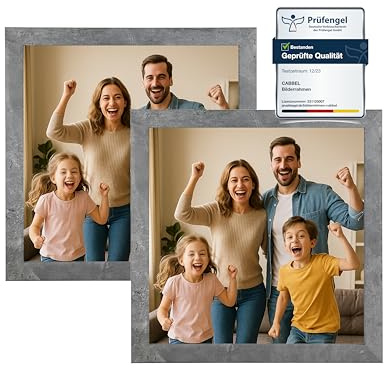 CABBEL Bilderrahmen 25x25 cm aus MDF | Acrylglas bruchsicher | Grau (Beton) | 2er Pack | Quadratischer Fotorahmen zum Aufstellen oder Aufhängen | Modern & stabil
