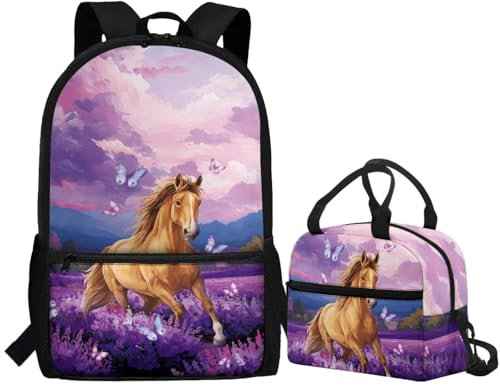 Jeiento Horse Animal School Bag Set 2 Pack Lavender Flower Butterfly Horse School Bag Elementary School Book Bag Set with Lunch Bag Cooler Bag