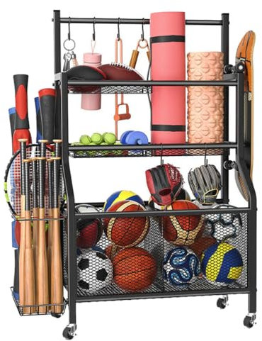 BHKERUZ Rangement pour équipement Sportif de Garage, Rangement pour Ballons de Sport, équipement de Sport, Rangement pour Garage avec paniers et Crochets