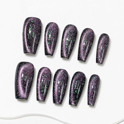 Sun&Beam Nails Handmade Press-On Nails Medium Ballerina Black (#255 L) | Handmade 10-piece set with a black base, purple and green glitter accents, and subtle shimmer.