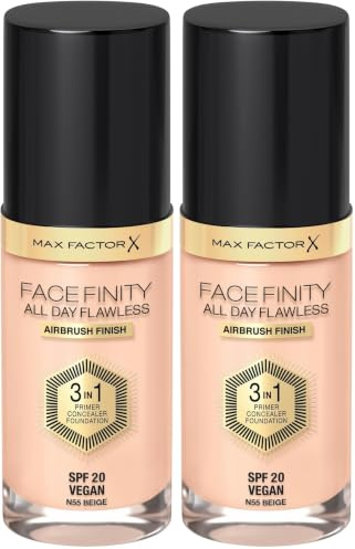 Max Factor Facefinity All Day Flawless 3 in 1 Foundation in Beige 55 – Primer, Concealer & Foundation in einem – Für ein perfekt mattiertes Finish – 1 x 30 ml (Packung mit 2)
