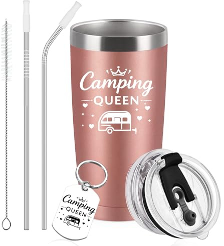 Diztoud Camping Zubehör Becher, Camper Geschenke, Lustige Camping Geschenke für Frauen, Sie, Camping Queen, 20oz 600ml Doppelwandig Edelstahl Thermobecher mit Deckel und Strohhalm, Schlüsselanhänger