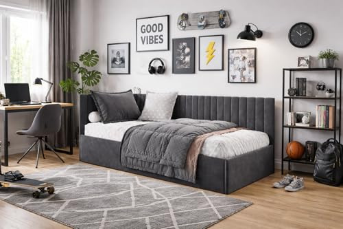 Polsterbett Bruno 100x200 cm, Bettkasten, Jasmine-Stoff, Graphit | Betten mit Metallrahmen, Jugendbett mit Oeko-Tex, Weicher Stoff