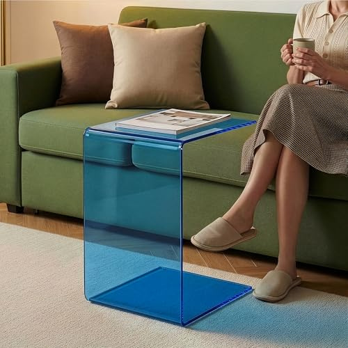 [en.casa] Beistelltisch Couch Trölmapilu Couchtisch Glas C-Form Tisch Wohnzimmer Glastisch quadratisch 60 x 40 x 40 cm Nachttisch Laptoptisch Blau
