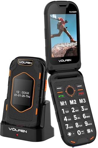 Volfen Ranger - Telefono robusto per anziani, doppio schermo, pulsanti e tasti grandi, facile da usare, USB-C, 3 memorie dirette, base di ricarica, nero/giallo