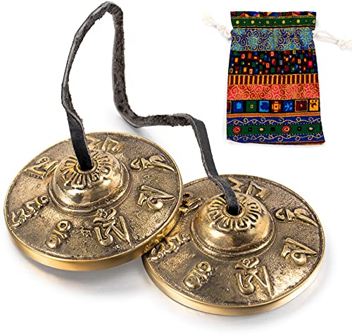 Boao Tibetische Tingsha-Becken Meditationsglocken mit tibetischem Kordelzug-Tuchbeutel, 6,3 cm Meditations-Glocken, für Percussion-Instrument (Om Mane, Padme Hum Symbole, geprägt)