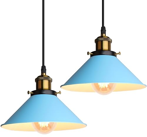 iDEGU Retro Pendelleuchte, 22CM Vintage Hängelampe E27 Industrieller Lampenschirm aus Metall Deckenleuchte Hängeleuchte für Esszimmer Wohnzimmer Küche Schlafzimmer Restaurant (2 Stücke, Blau)