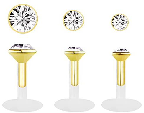 Modern Nature Piercing-Schmuck Set 3 x Teflon Labret Stecksystem 1,2 x 10 mm mit drei gefassten Steinen, vergoldet