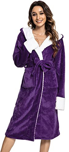 Tuopuda Peignoir de Bain Femme Polaire à Capuche Robe de Chambre Sortie de Bain à Capuche Pyjama Hiver Chaude Peignoirs avec Ceinture Poches Nuisette Vêtements de Nuit pour Fête Mariage, violet