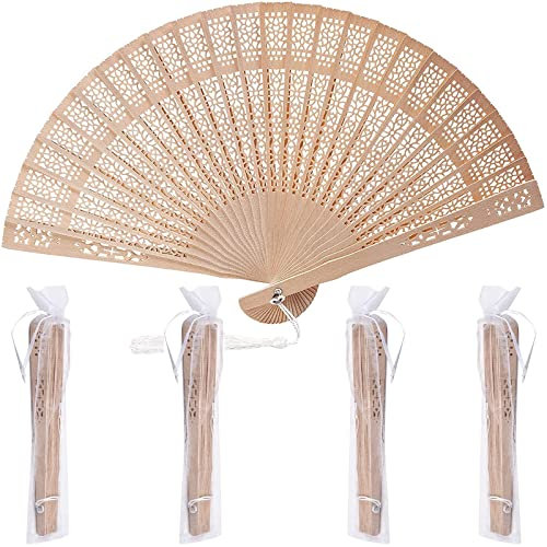 4PCS Women's Handheld Wooden Folding Fan with 4PCS Tassels, Ornament Chinese Style Hand Fans, Bamboo Handheld Folding Fan, Sandalwood Decorative Hollow Fan for Dancing, Party&Wedding Decorations