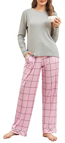 Famulily Ladies Fall Pjs Warm Pajamas Sets Loose Fit Sleepwear Ribbed Tops and Check Wide Leg Lounge Pants Sets Gray M