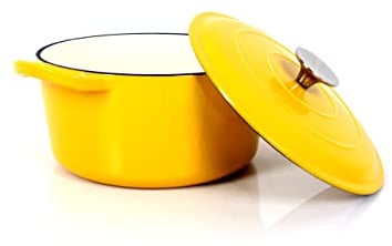Echtwerk Cast Iron Casserole Pot with Enamel Coating, Cast Iron Casserole with Lid, Round Bread Baking Pot, Suitable for Ovens, Grill, BBQ and Induction, Yellow, 3.5 L, Diameter 22.5 cm, Large