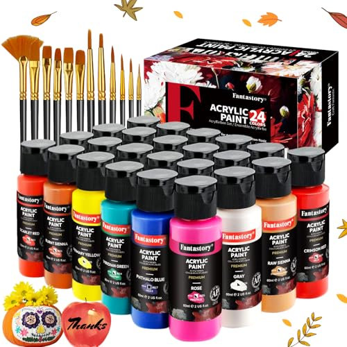 Fantastory Set de peintures acryliques avec 24x60ml et 12 pinceaux, peintures résistantes à l'eau, non décolorantes et non toxiques, adaptées pour la toile, le bois, la céramique