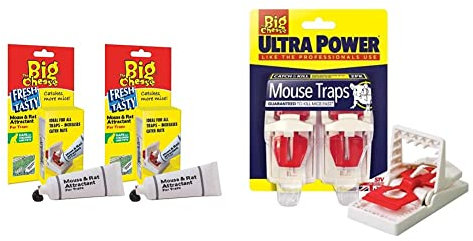 The Big Cheese Rat and Mouse Food Bait (26 g) - Poison-Free Rodent Bait Attractant & Ultra Power Mouse Trap (Twin Pack) - Mouse Killer, Mouse Traps for Indoors and Outdoors, White