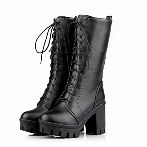 WOkismD Botas altas con cordones para mujer, botas altas negras de piel sintética, tacón de bloque, botas negras para mujer, botas altas para mujer, negras, 36