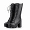 WOkismD Botas altas con cordones para mujer, botas altas negras de piel sintética, tacón de bloque, botas negras para mujer, botas altas para mujer, negras, 36