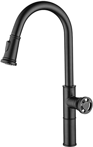 Küchenarmaturen für die Spüle, Industrie-Stil, Messing-Waschtisch-Mischbatterie mit herausziehbarem Einhand-Warm- und Kaltwasser-Mischbatterie, Bubbler 2-Funktion, Schwarz