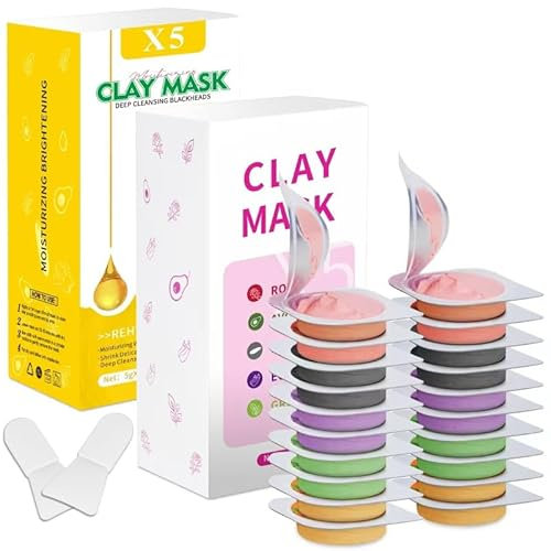 Aaenouicfs 20 Pods Clay Facial Mask Set - Green Tea,Turmeric, Dead Sea Mud,Rose, 24K Gold,Eggplant,Avocado,Mud Mask Deep Pore Cleansing Acne Blackhead Removal,Men & Women Face Mask Skin Care.