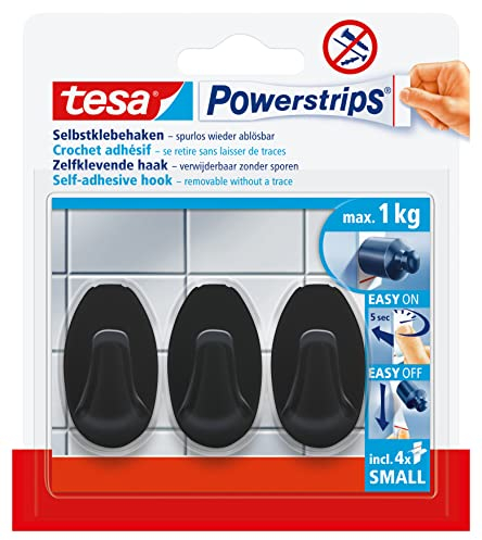tesa Powerstrips Klebehaken Small Oval - 3 x selbstklebende Wandhaken - für Kacheln, Glas, Kunststoff und weitere Untergründe - 1 kg Halteleistung - Schwarz