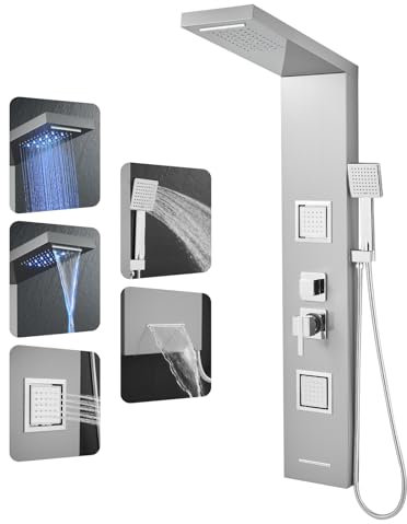 ROVOGO Sistema de torre de panel de ducha con luces LED, cabezal de ducha de cascada de lluvia, 2 chorros de cuerpo grande, boquilla de mano y bañera, columna de ducha de acero inoxidable cepillado