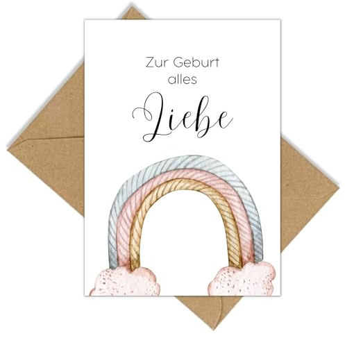 møij Karte zur Geburt aus Leinenkarton inkl. Briefumschlag aus Kraftpapier - modernes Design mit Regenbogen