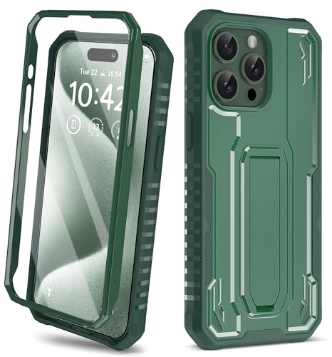 ORETECH for iPhone 15 Pro Case,[Built-in Tempered Glass Screen Protector] [Built-in Kickstand] [Heavy Duty Protection]Military Grade Shockproof Anti-Silp Cover for iPhone 15 Pro Phone Case -Dark Green