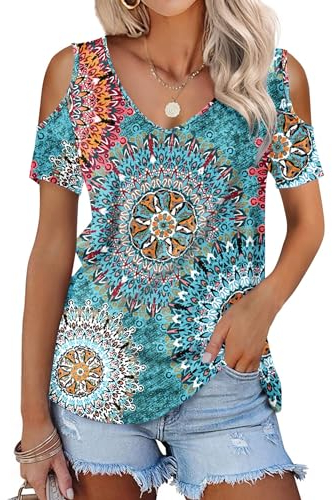 DUOEASE Damen Tshirt Sommer Kurzarm Tunika V Ausschnitt Tops(Blumen-Grün,L)