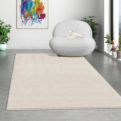 Mia's Teppiche Comfort Moderner Flauschiger Kurzflor Teppich, Anti-Rutsch Unterseite, Waschbar bis 30 Grad, Super Soft, Felloptik, Creme, 120 x 160 cm