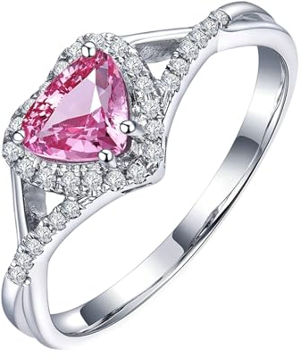 Damen Ringe Rosa, Ring mit Steinen Rundherum 18 Karat Weißgold Lab Saphir 0.65CT Herzschliff VVS mit Diamant Weiß Größe 57 (18.1) Gravur für Hochzeit