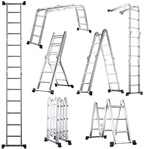 COSTWAY 7-in-1 Folding Ladder, 3.7M/4.6M Multi-Purpose Aluminum Extension Ladder with Safety Locking Hinge, Portable Heavy Duty Scaffolding Platform Combination Ladder, 150kg Weight Capacity (3.7M)