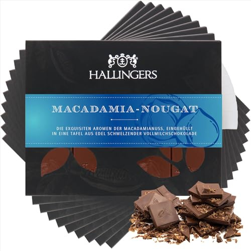 Hallingers Genuss Manufaktur Schokolade Geschenk - Tafel Edelkakao handgeschöpft ohne Alkohol edler Karton 10x Macadamia-Nougat Macadamia-Nougat, Geschenkidee für Frauen Männer