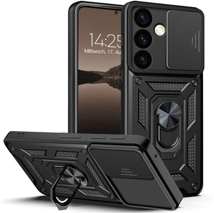 LBH Armor Hülle für Samsung Galaxy S24 Case mit Kameraschutz Outdoor Stoßfest Handyhülle 360 Grad Metal Ring Halter Ständer Schutzhülle für Handyhalterung Auto Magnet Schwarz