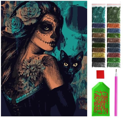 ARTULIO Diamond Painting Set - Geheimnisvolle Frau mit schwarzer Katze - 30x40 cm – 5D Diamant Painting Bilder DIY, Diamond Painting Erwachsene