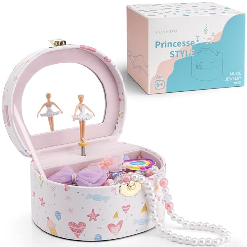 Vlando Schmuckkästchen Mädchen mit Spieluhr, Schmuckkasten Kinder mit Drehendem Ballerina & Spiegel, Spielzeug Geschenk 4 5 Jahre Mädchen, Schmuckschatulle mädchen aus Hochwertigem Leder