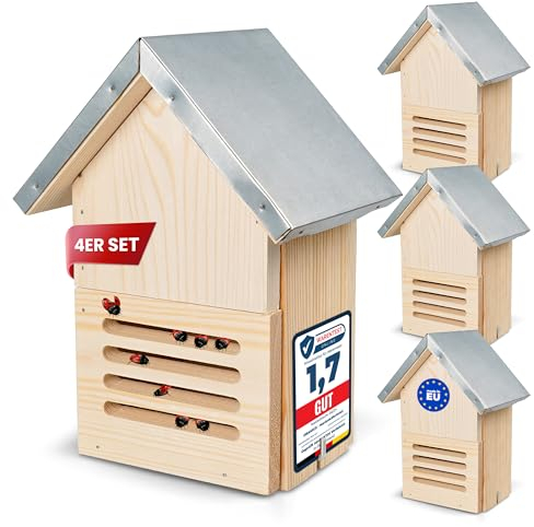 4 Stück Oramics Marienkäferhaus Marienkäfer Hotel Insektenhotel aus Kiefernholz mit wasserdichte Metall Dach – Marienkäfer Haus zum Nisten und Überwintern